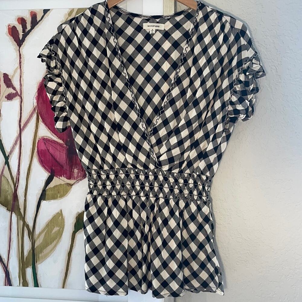 NEW Max Studio Black Check Top Surplice Italy Smocked Italian Bella Picnic Farm